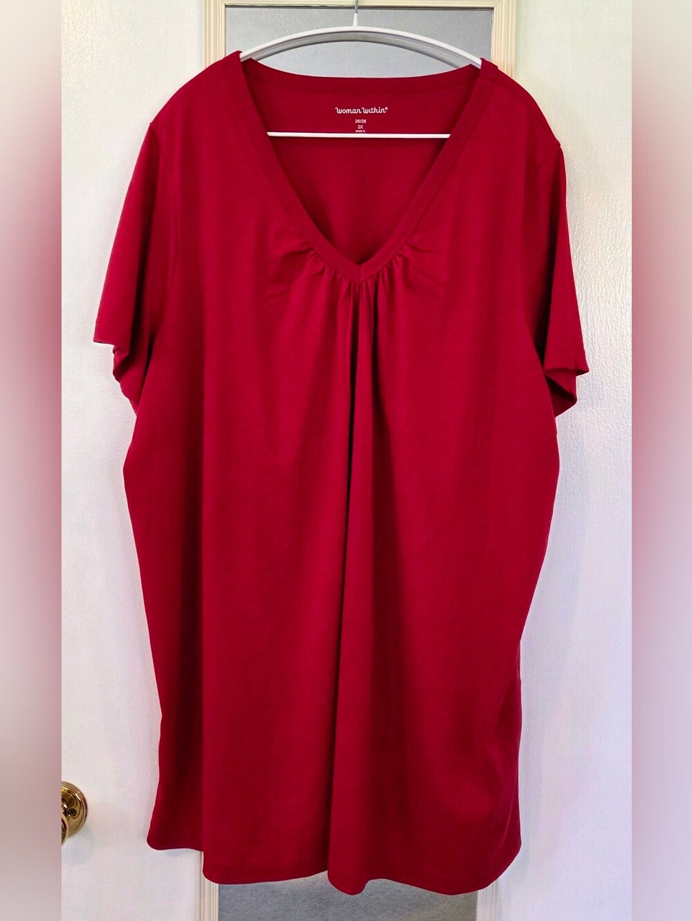 Woman Within Women’s 2X 26/28 Red Gathered V-Neck Cotton Tunic Top